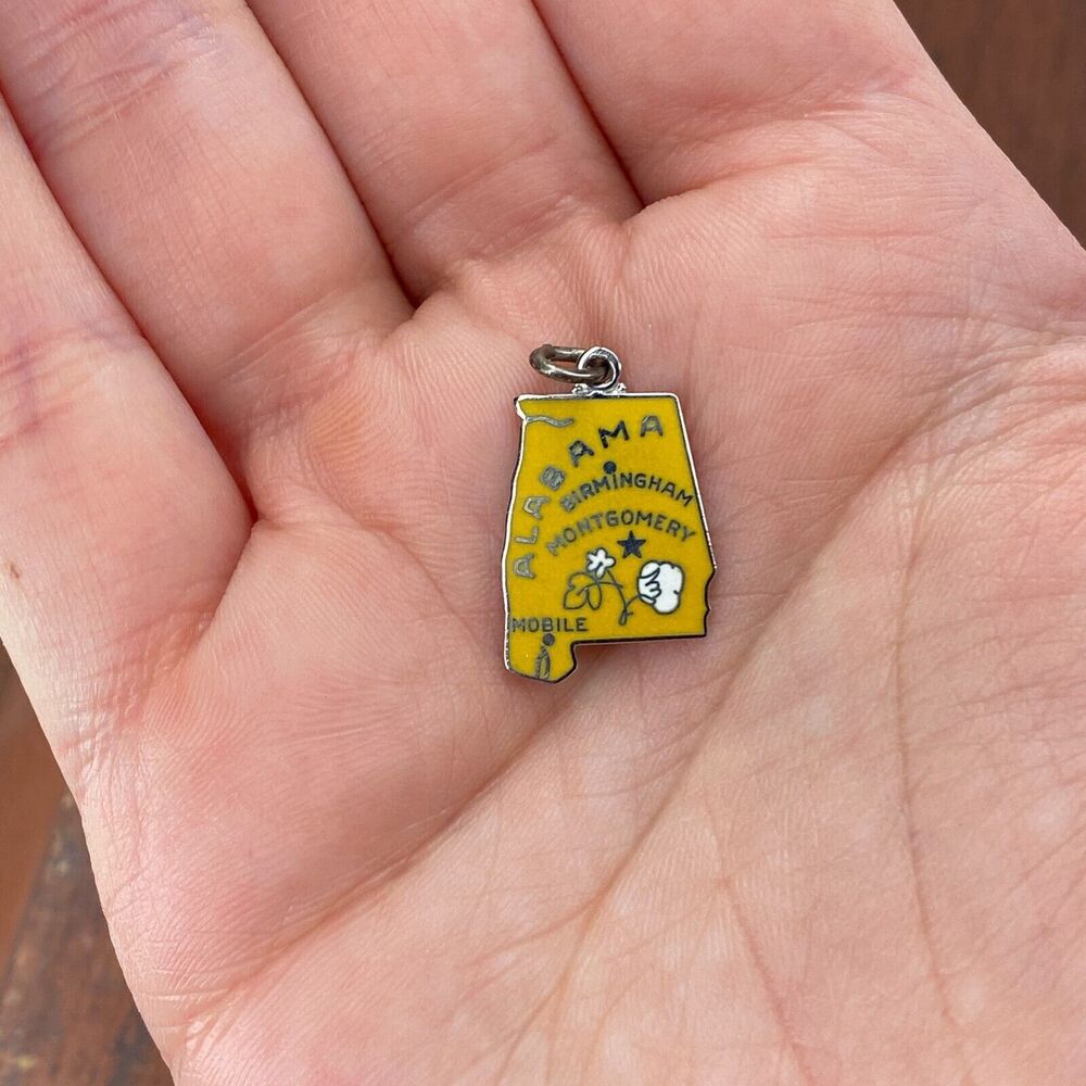 Vintage Wells 925 Sterling Silver Cloisonné "Alabama" State Map Pendant Charm